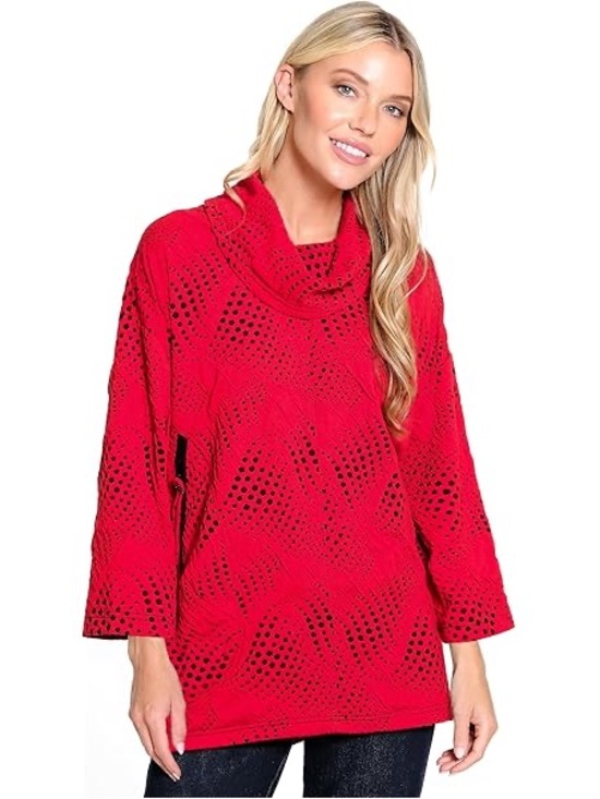Ali Miles Sweaters - Ali Miles Red Openwork Cowl Neck Sweater
